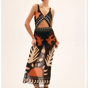 Commense Bird Print Cutout One-Piece Swimsuit and coverup Black with Rust orange